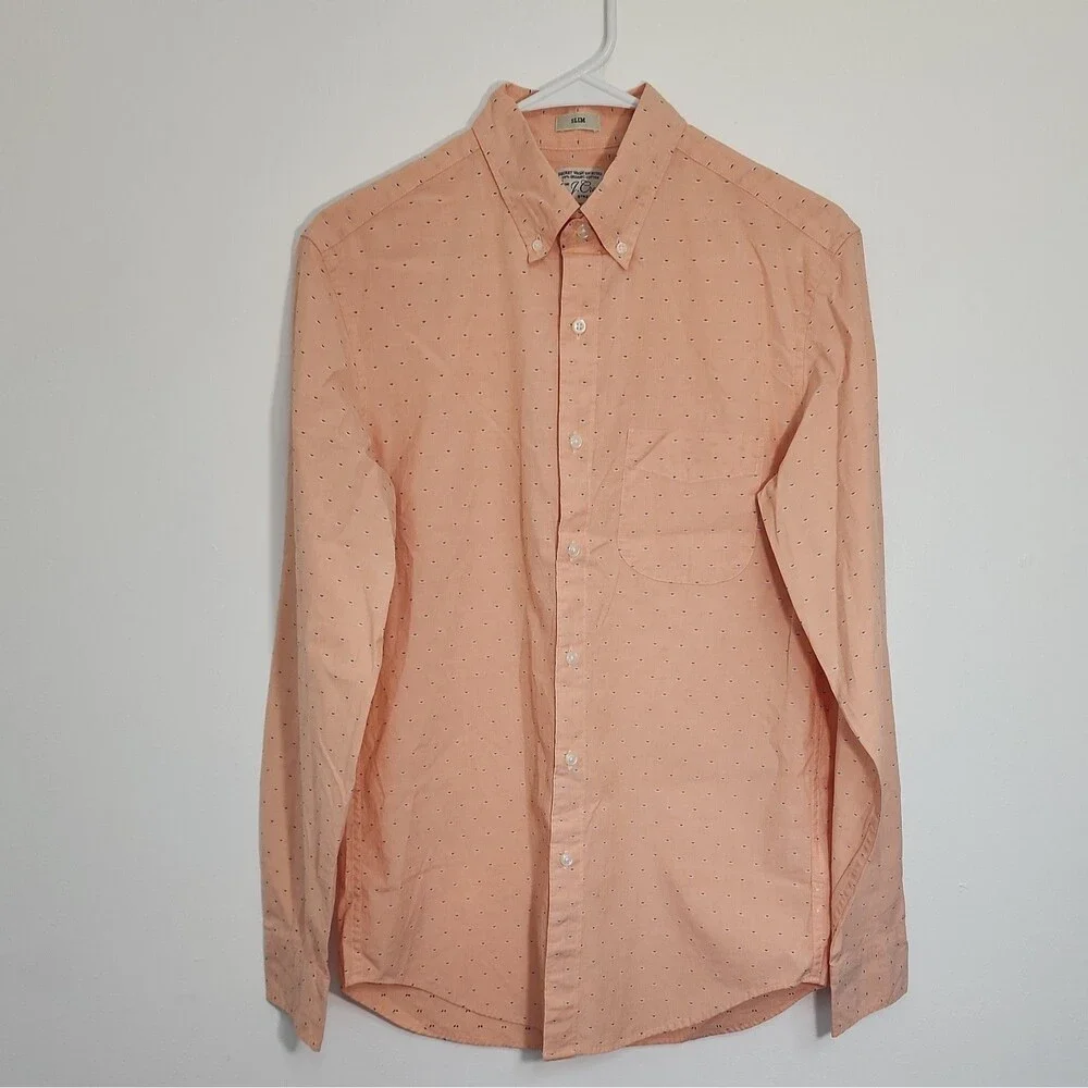 J Crew Mens Button Up Shirt Sz Small Slim Stretch Organic Cotton Blush Orange